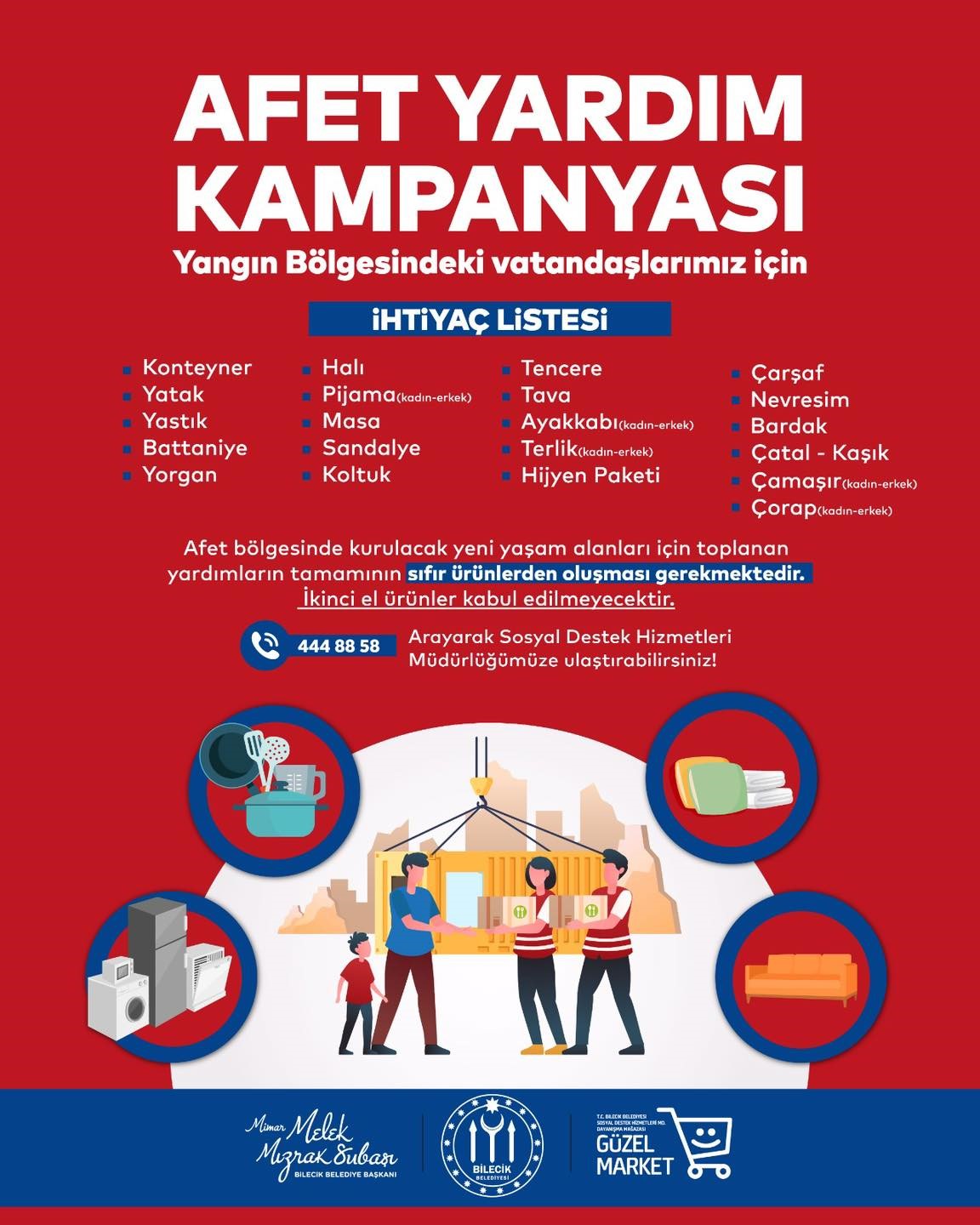 Bilecik Belediyesinden yangın afetine uğrayanlar için yardım kampanyası