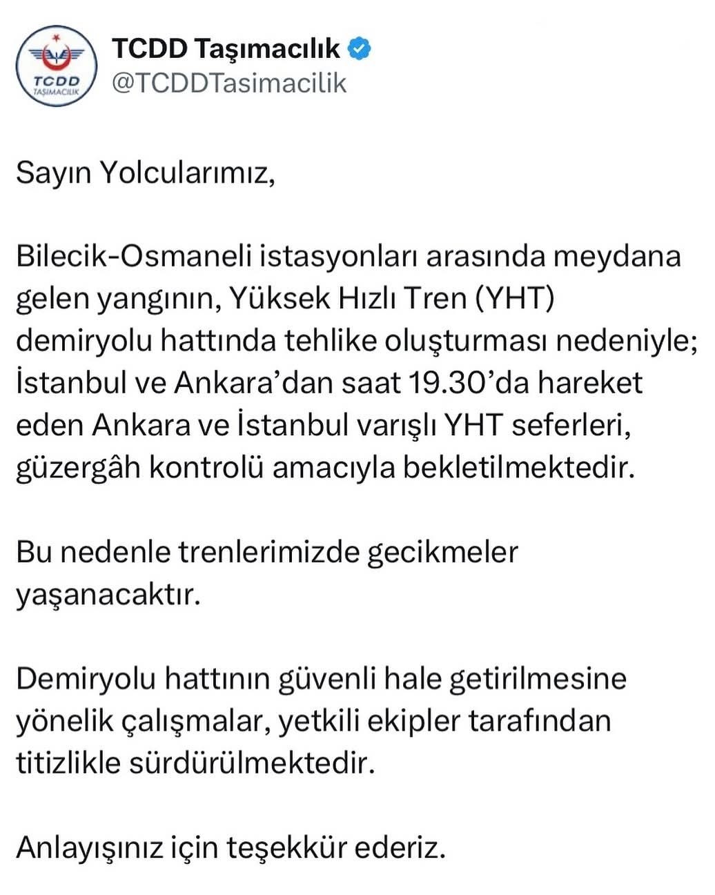 Bllecik'teki orman yangını hızlı tren seferlerini olumsuz etkiledi